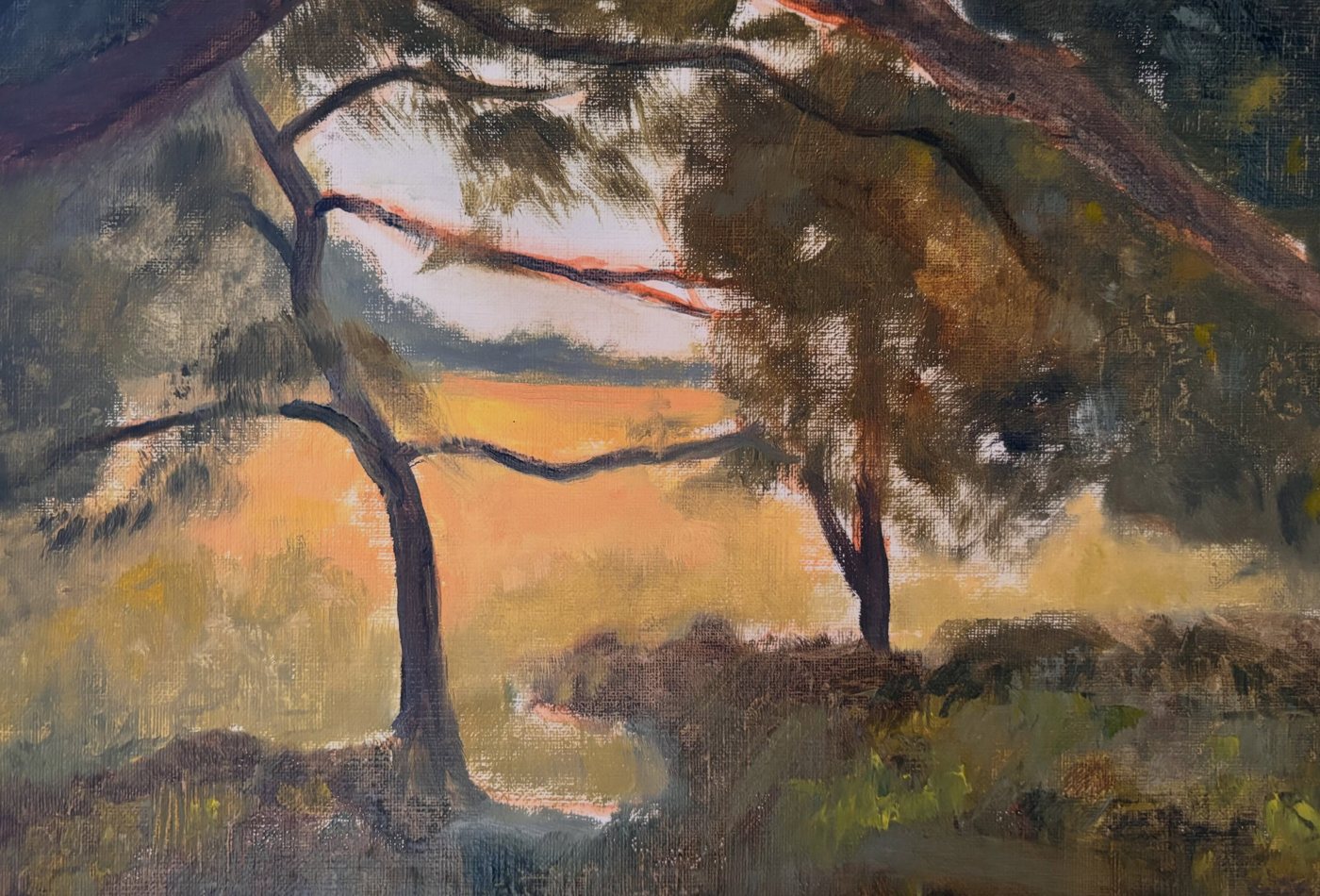 Painting by Luca d’Avanzo: pine trees against a golden sky over a meadow